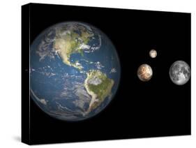 Artist's Concept of the Earth, Pluto, Charon, and Earth's Moon to Scale-Stocktrek Images-Stretched Canvas