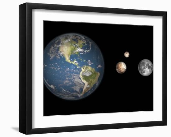 Artist's Concept of the Earth, Pluto, Charon, and Earth's Moon to Scale-Stocktrek Images-Framed Premium Photographic Print