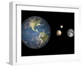 Artist's Concept of the Earth, Pluto, Charon, and Earth's Moon to Scale-Stocktrek Images-Framed Photographic Print