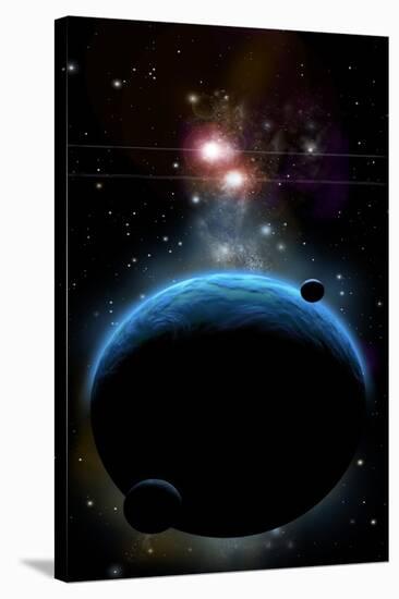 Artist's Depiction of a Blue Planet and it's Orbiting Small Moons-null-Stretched Canvas