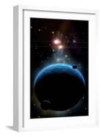 Artist's Depiction of a Blue Planet and it's Orbiting Small Moons-null-Framed Art Print