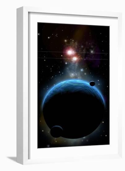 Artist's Depiction of a Blue Planet and it's Orbiting Small Moons-null-Framed Art Print