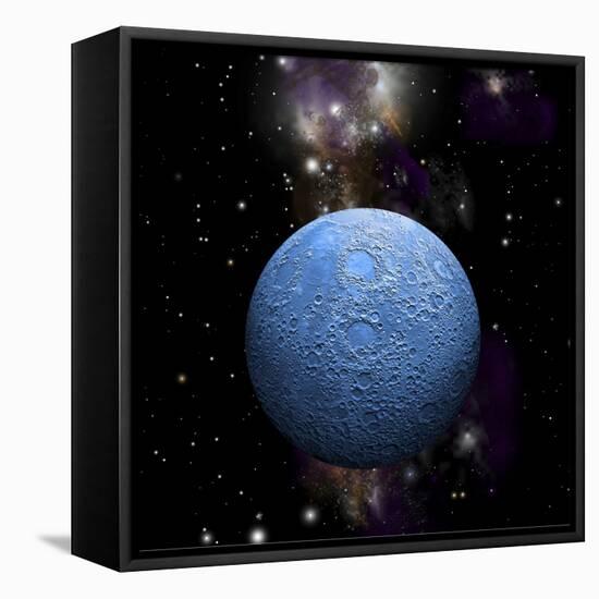 Artist's Depiction of a Cratered Moon in Space with a Nebula in the Background-null-Framed Stretched Canvas