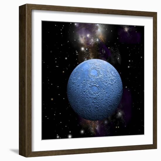 Artist's Depiction of a Cratered Moon in Space with a Nebula in the Background-null-Framed Art Print