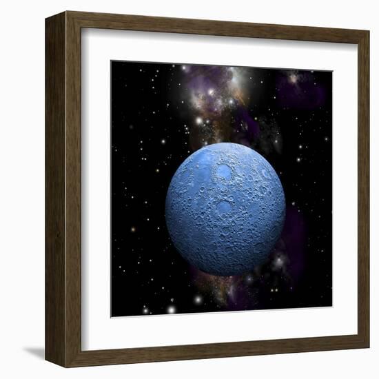 Artist's Depiction of a Cratered Moon in Space with a Nebula in the Background-null-Framed Art Print