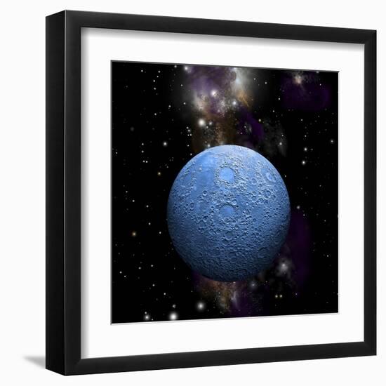 Artist's Depiction of a Cratered Moon in Space with a Nebula in the Background-null-Framed Art Print