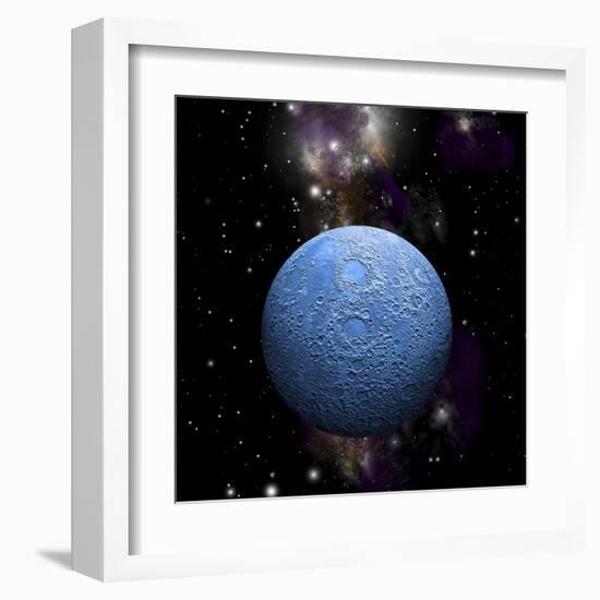 Artist's Depiction of a Cratered Moon in Space with a Nebula in the Background-null-Framed Art Print