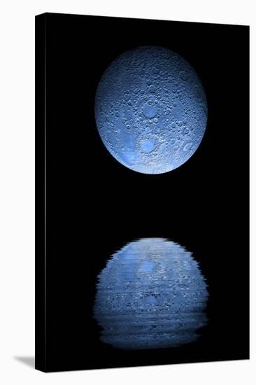 Artist's Depiction of a Heavily Cratered Blue Moon Rising over a Body of Calm Water-null-Stretched Canvas