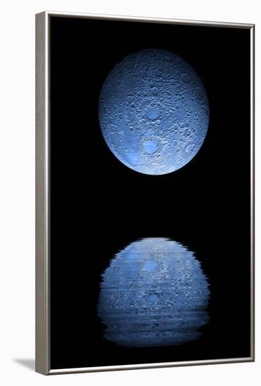 Artist's Depiction of a Heavily Cratered Blue Moon Rising over a Body of Calm Water-null-Framed Art Print