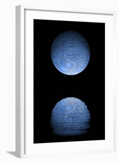 Artist's Depiction of a Heavily Cratered Blue Moon Rising over a Body of Calm Water-null-Framed Art Print