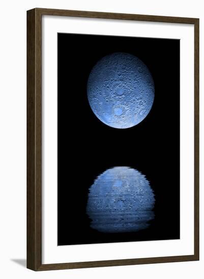 Artist's Depiction of a Heavily Cratered Blue Moon Rising over a Body of Calm Water-null-Framed Art Print