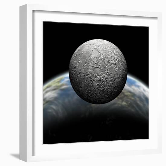 Artist's Depiction of a Heavily Cratered Moon in Orbit around it's Home Planet-null-Framed Art Print