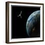 Artist's Depiction of a Satellite in Orbit around an Earth-Like Inhabited World-null-Framed Art Print