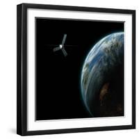 Artist's Depiction of a Satellite in Orbit around an Earth-Like Inhabited World-null-Framed Art Print