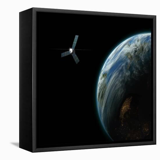 Artist's Depiction of a Satellite in Orbit around an Earth-Like Inhabited World-null-Framed Stretched Canvas