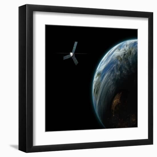 Artist's Depiction of a Satellite in Orbit around an Earth-Like Inhabited World-null-Framed Art Print