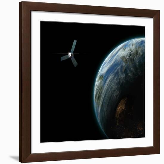 Artist's Depiction of a Satellite in Orbit around an Earth-Like Inhabited World-null-Framed Art Print