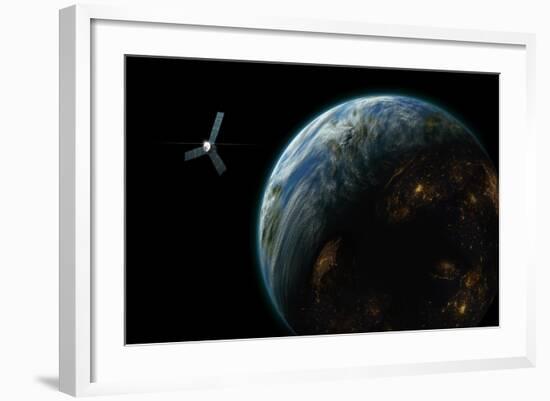 Artist's Depiction of a Satellite in Orbit around an Earth-Like Inhabited World-null-Framed Art Print