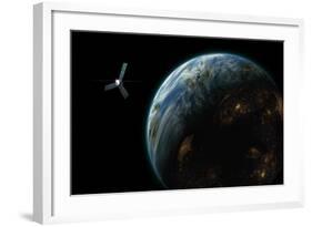 Artist's Depiction of a Satellite in Orbit around an Earth-Like Inhabited World-null-Framed Art Print