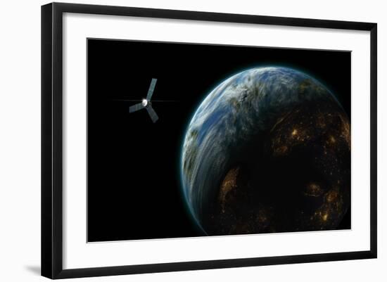 Artist's Depiction of a Satellite in Orbit around an Earth-Like Inhabited World-null-Framed Art Print