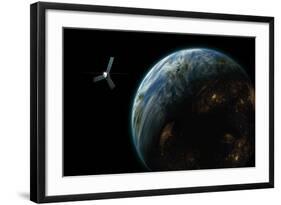 Artist's Depiction of a Satellite in Orbit around an Earth-Like Inhabited World-null-Framed Art Print