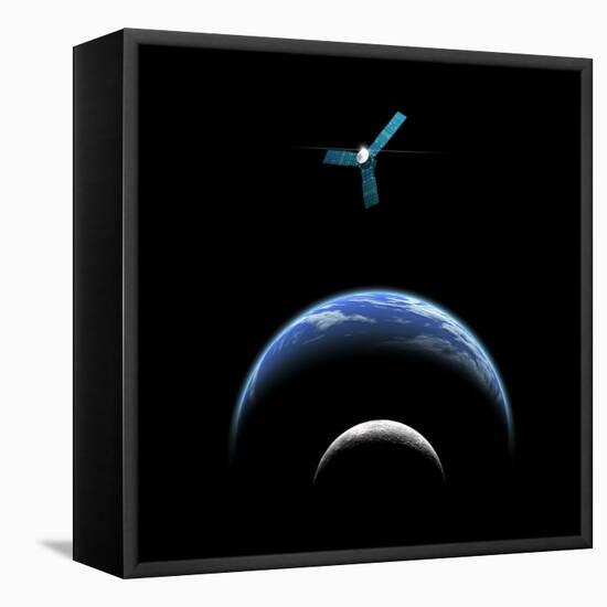 Artist's Depiction of a Satellite in Orbit around an Earth-Like World and Moon-null-Framed Stretched Canvas