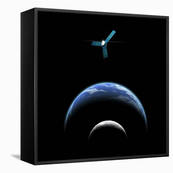 Artist's Depiction of a Satellite in Orbit around an Earth-Like World and Moon-null-Framed Stretched Canvas