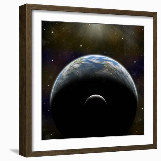 Artist's Depiction of an Earth-Like Planet with it's Orbiting Moon-null-Framed Art Print