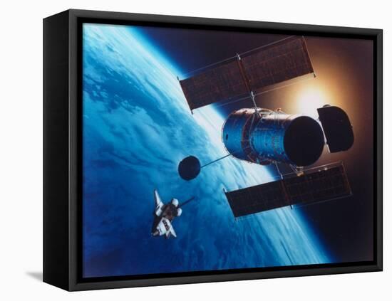 Artist's Rendering of Fully Deployed Hubble Space Telescope with Shuttle Orbiter in Vicinity-null-Framed Stretched Canvas