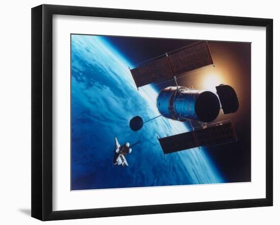 Artist's Rendering of Fully Deployed Hubble Space Telescope with Shuttle Orbiter in Vicinity-null-Framed Photographic Print