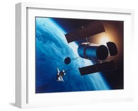 Artist's Rendering of Fully Deployed Hubble Space Telescope with Shuttle Orbiter in Vicinity-null-Framed Photographic Print