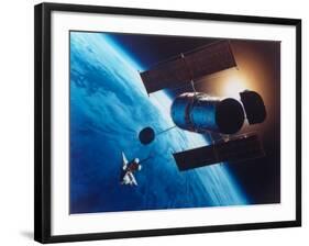 Artist's Rendering of Fully Deployed Hubble Space Telescope with Shuttle Orbiter in Vicinity-null-Framed Photographic Print