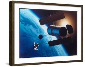 Artist's Rendering of Fully Deployed Hubble Space Telescope with Shuttle Orbiter in Vicinity-null-Framed Photographic Print