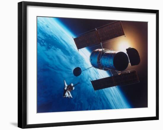 Artist's Rendering of Fully Deployed Hubble Space Telescope with Shuttle Orbiter in Vicinity-null-Framed Photographic Print