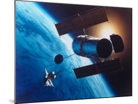 Artist's Rendering of Fully Deployed Hubble Space Telescope with Shuttle Orbiter in Vicinity-null-Mounted Photographic Print