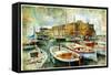 Artistic Picture In Painting Style - Boats In Naples Port In Front Of Castle Uovo-Maugli-l-Framed Stretched Canvas