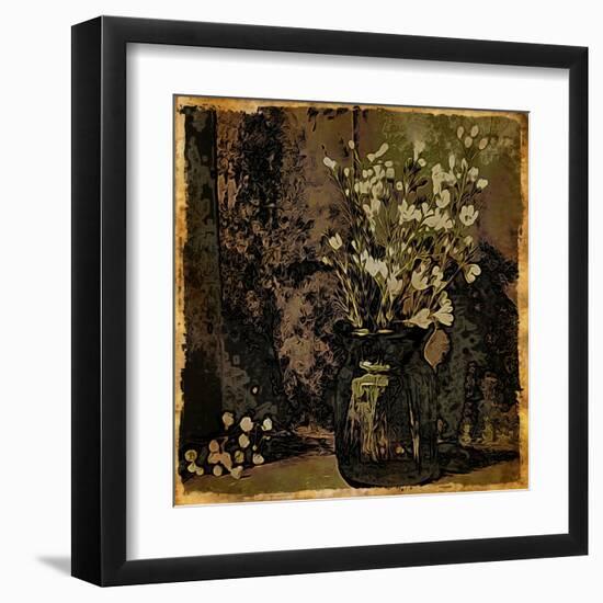 Artistic Vase of Flowers Rustic Country Background. Shades of Yellow, Brown and Black.-Wandering Introvert-Framed Art Print