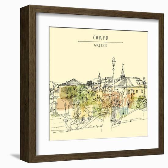 Artistic Vector Illustration Postcard with a Touristic City View of Corfu, Greece, Europe. Black In-babayuka-Framed Art Print