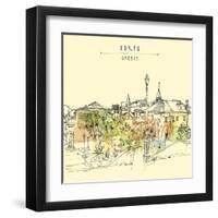 Artistic Vector Illustration Postcard with a Touristic City View of Corfu, Greece, Europe. Black In-babayuka-Framed Art Print