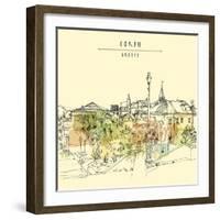 Artistic Vector Illustration Postcard with a Touristic City View of Corfu, Greece, Europe. Black In-babayuka-Framed Art Print