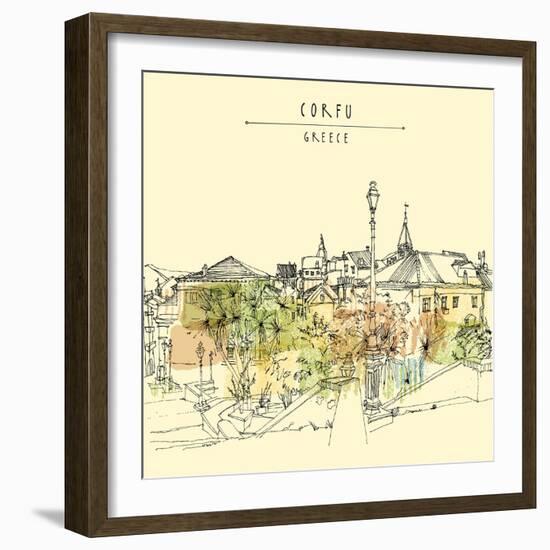 Artistic Vector Illustration Postcard with a Touristic City View of Corfu, Greece, Europe. Black In-babayuka-Framed Art Print