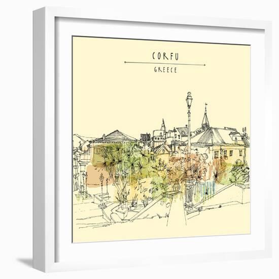 Artistic Vector Illustration Postcard with a Touristic City View of Corfu, Greece, Europe. Black In-babayuka-Framed Art Print