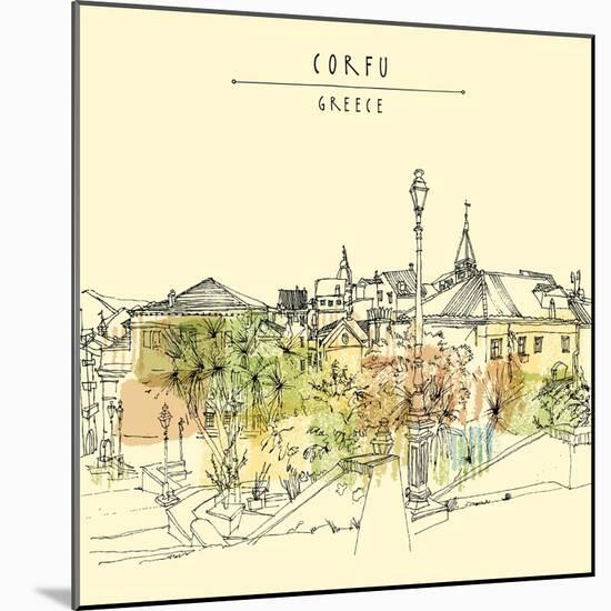 Artistic Vector Illustration Postcard with a Touristic City View of Corfu, Greece, Europe. Black In-babayuka-Mounted Art Print