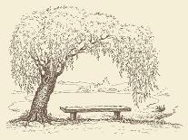Vector Illustration. Landscape Sketch of the Village Form of the Old Wooden Bench under a Willow Tr-ArtMari-Art Print