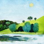 Beautiful Watercolor of Public Park with Clear Lake in Daylight. Original Watercolor Landscape Pain-artsandra-Art Print