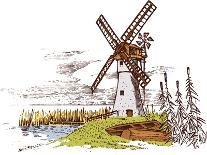 Windmill Landscape in Vintage, Retro Hand Drawn or Engraved Style, Can Be Use for Ecological Bakery-Artur Balytskyi-Framed Art Print