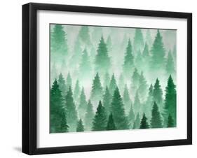 Artwork. Background Painted with Watercolor. Hand Drawn Landscape of Foggy Forest, Winter Hill. Wil-Julie July-Framed Art Print