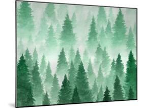 Artwork. Background Painted with Watercolor. Hand Drawn Landscape of Foggy Forest, Winter Hill. Wil-Julie July-Mounted Art Print