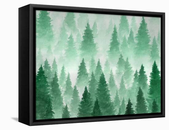 Artwork. Background Painted with Watercolor. Hand Drawn Landscape of Foggy Forest, Winter Hill. Wil-Julie July-Framed Stretched Canvas