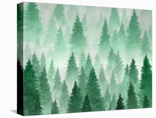 Artwork. Background Painted with Watercolor. Hand Drawn Landscape of Foggy Forest, Winter Hill. Wil-Julie July-Stretched Canvas